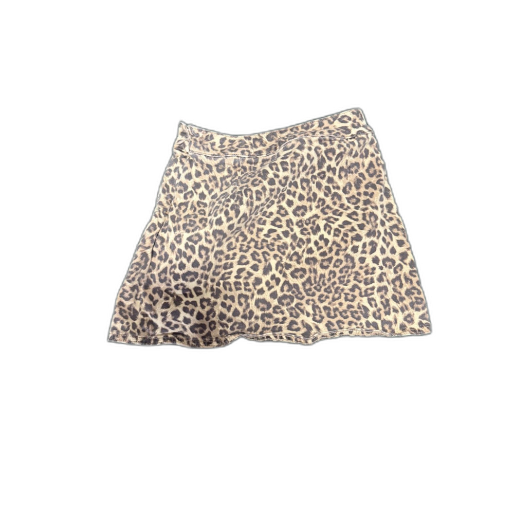 Forever 21 Leopard Print Denim Mini Skirt — Side Slit, A-Line, Animal Print